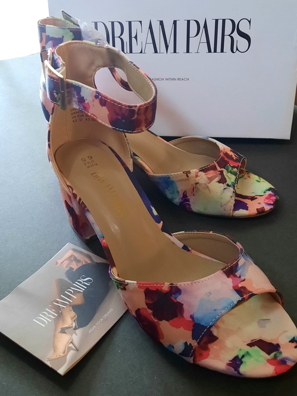 🏷NWT🌺DreamPairs🌸💐 Women's Watercolor Floral Ankle-Strap Block Heel Sandals